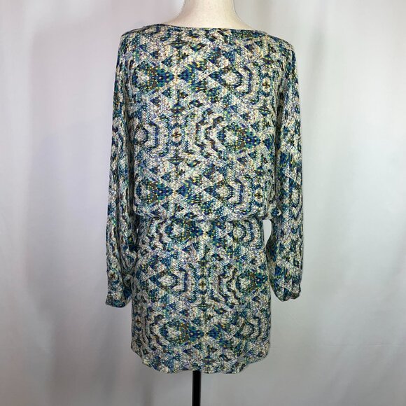 Parker 100% Silk Mini Dress Size S Dolman Long Sleeve Geometric Abstract Print - Picture 3 of 10